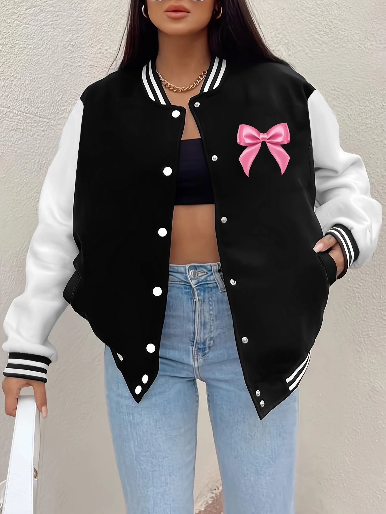 

Женское пальто Y2K с розовым бантом и рваным принтом медведя, свободные куртки в стиле хип-хоп, осенняя свободная куртка, повседневная универсальная женская уличная одежда