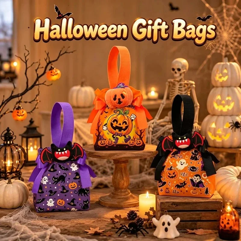 New Halloween Candy Bag Pumpkin Tote Drawstring Canvas Transparent Gift Treat Bags Goodie Bag Trick Or Treat Party Favors Decor