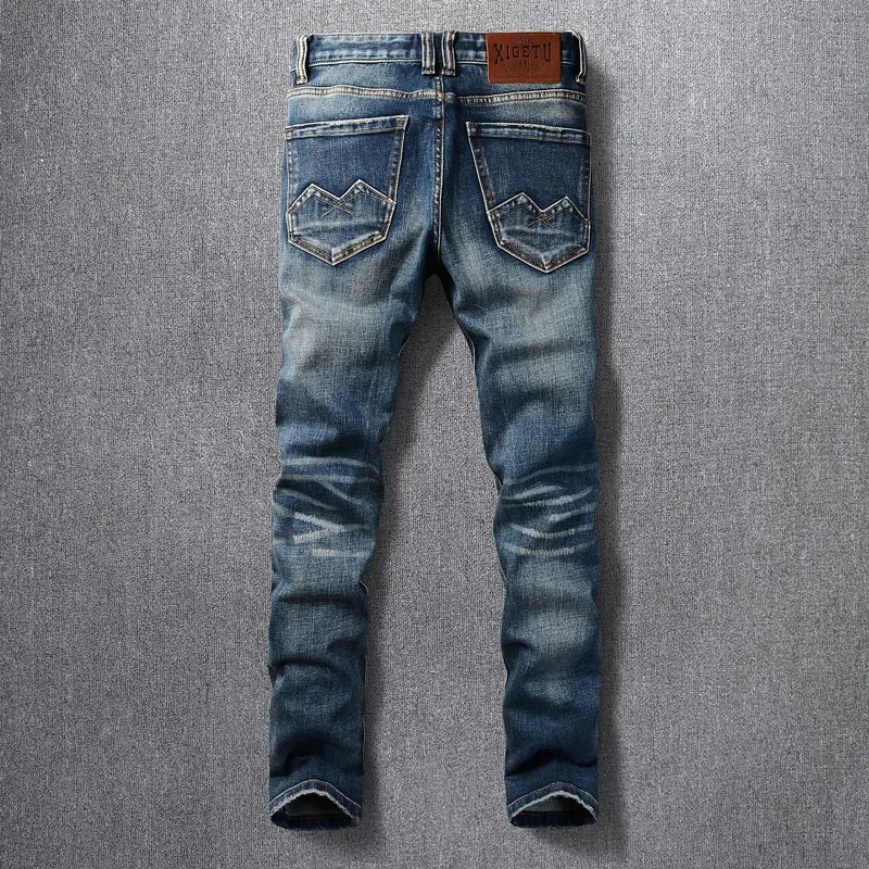 Mode Streetwear Männer Jeans hochwertige Retro gewaschen blau Stretch Slim Fit zerrissene Jeans Männer gepatchte Vintage Jeans hose Hombre