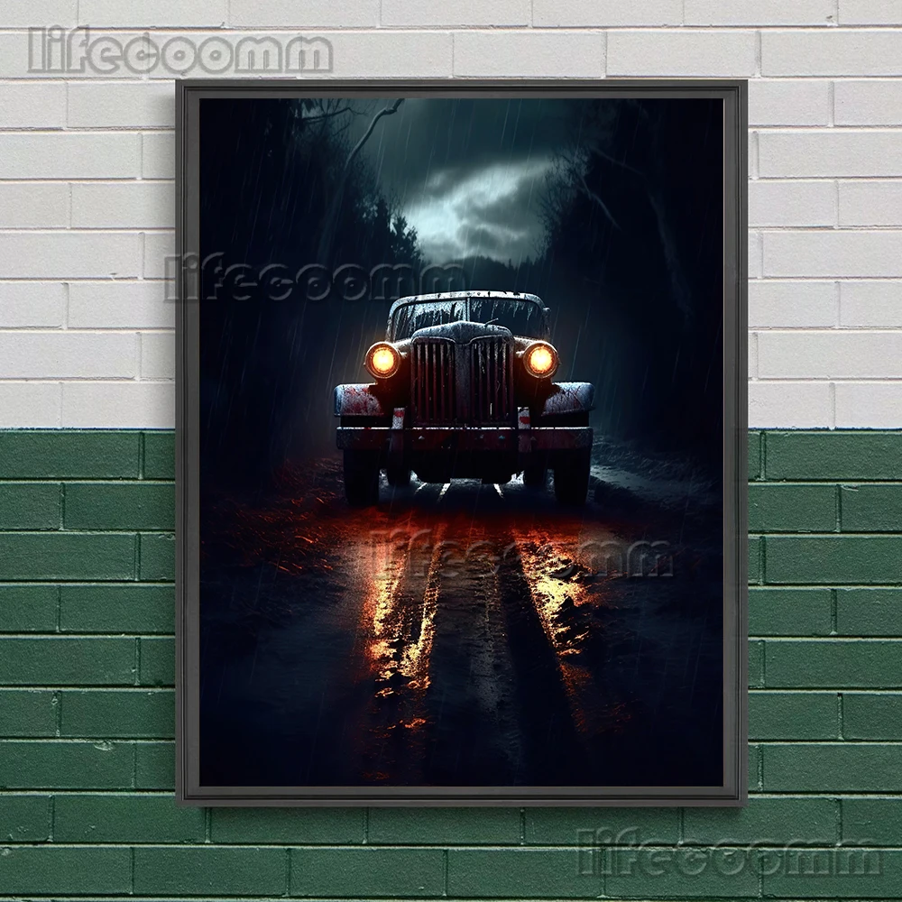 The Terrifying Bloody Path Vintage Wall Art Canvas Print Terror Cars In The Dark Ai Art Poster And Print Home Decor Unframed