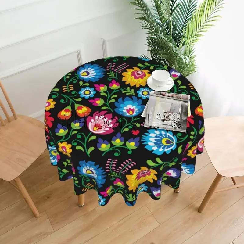 Poland Polish Floral Folk Art Print Round Tablecloth 60 Inch Table Cover Decor Table Clothes for Dining Table Party Decoration