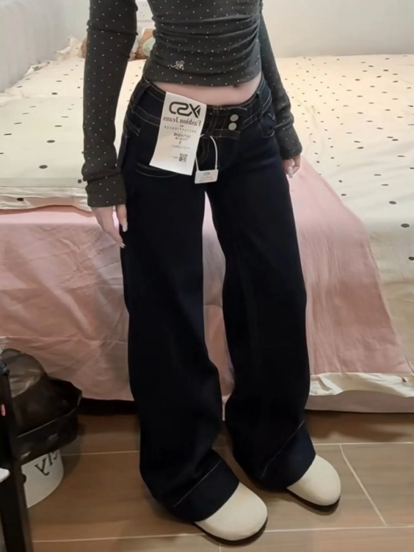 Low Waist Wide Leg Straight Cut Jeans Women's Casual Loose Fitting Denim Pants Autumn New Style Meat Concealing Slimming