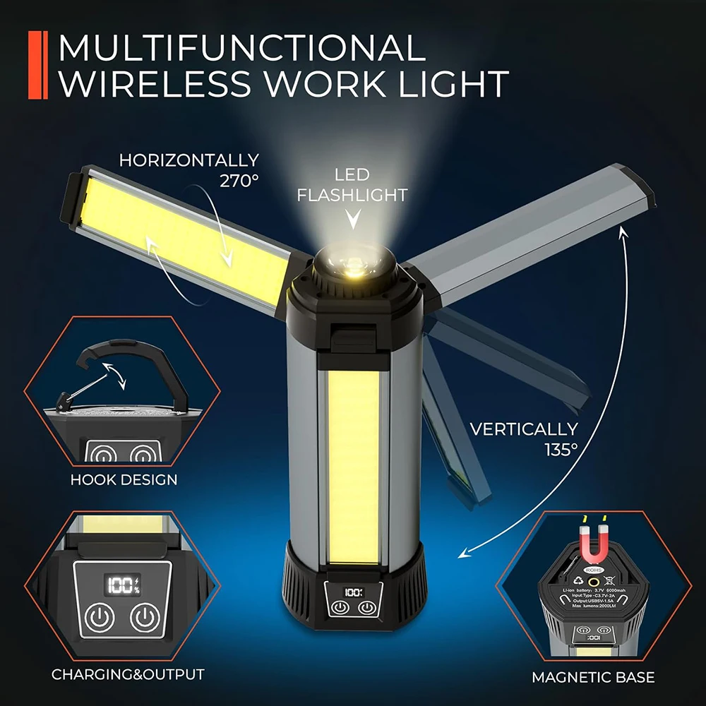 Luz de trabajo LED recargable con soporte, luz de trabajo inalámbrica, luz de Camping regulable más brillante con trípode desmontable para exteriores