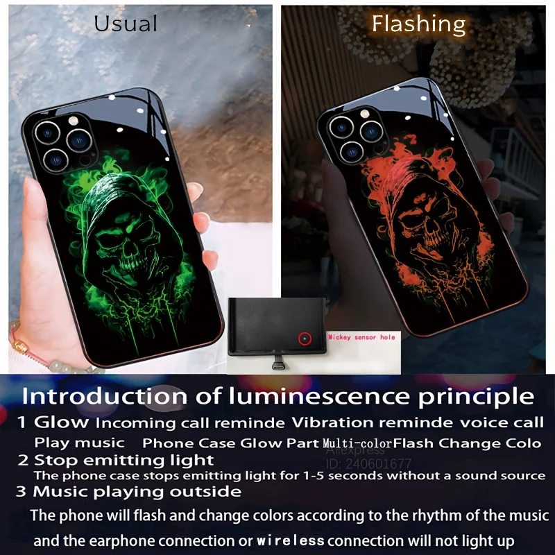 Coque Flash crâne d'art vert pour Samsung Galaxy S25 Ultra S24 Plus S23 S22 S21 S20 FE A17 A16 A55 A54 LED, coque arrière antichoc