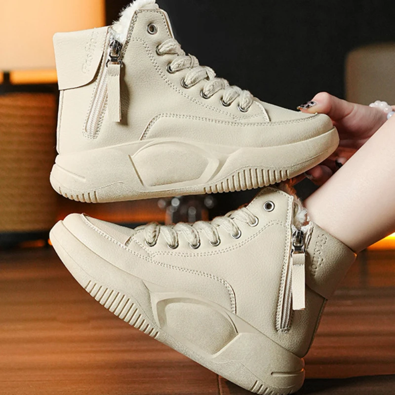 Double Zip Winter Warm Cotton Shoes for Women 2024 New Plush High Top Sneakers Female Flat Comfortable Anti Slip Lace Up Shoes