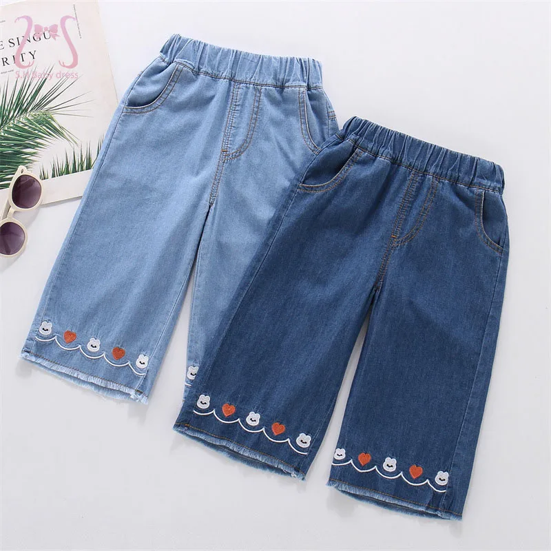 Pure Cotton Girls Jeans Summer Soft Thin Children Trousers Sweet Cute Rabbit Heart Embroidered Kids Wide-Leg Pants 1-6 Y Toddler