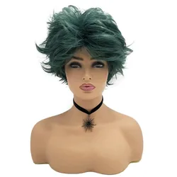 Peruca curta cosplay sintética reta cabelo ligeiramente encaracolado verde escuro para mulheres ou homens capa de cabeça