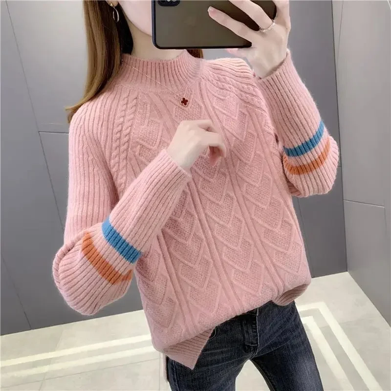 

2024 New Autumn Winter Women Sweater Warm Cashmere Sweater Loose Jumper Long Sleeve Half Turtleneck Knitted Bottoming Shirt