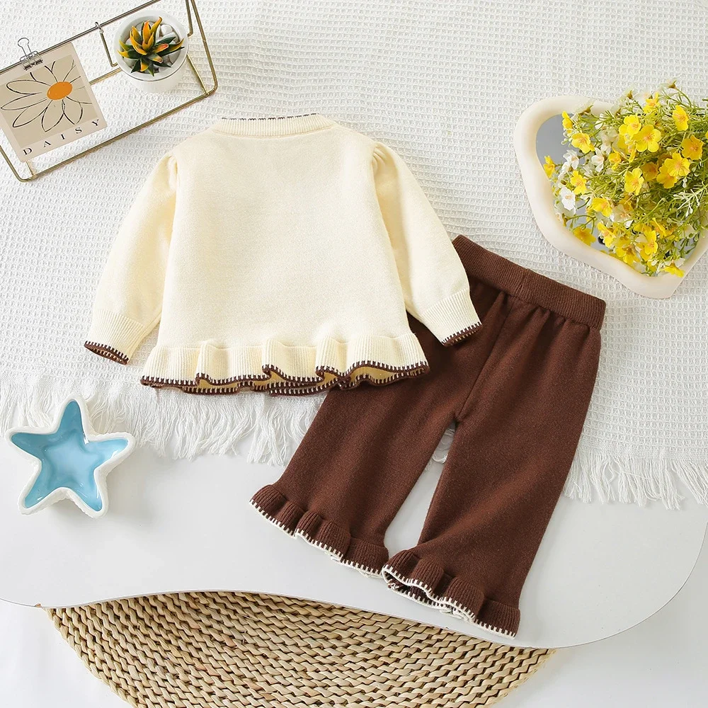 Autumn and Winter Coffee Color Casual Knitted Set for 2-6 Year Old Girls Embroidery  Cardigan+pants Two-piece Set Korean