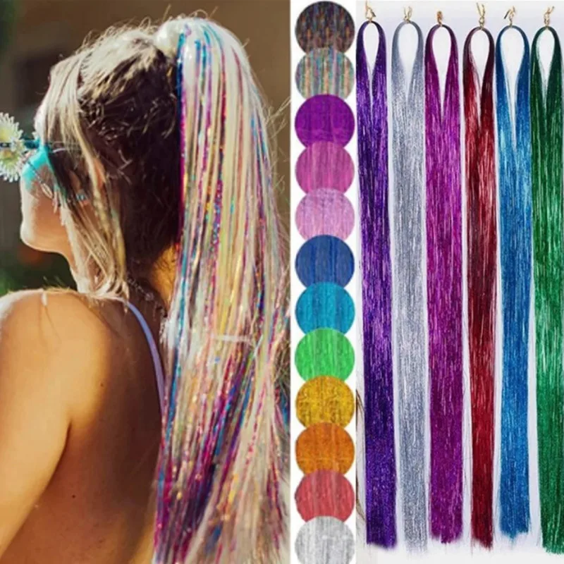 93cm Sparkle Hair Tinsel Rainbow Colored Strands Girls Headwear Hairbinge Hair Laser False Hair Extensions Decor Glitter Strips