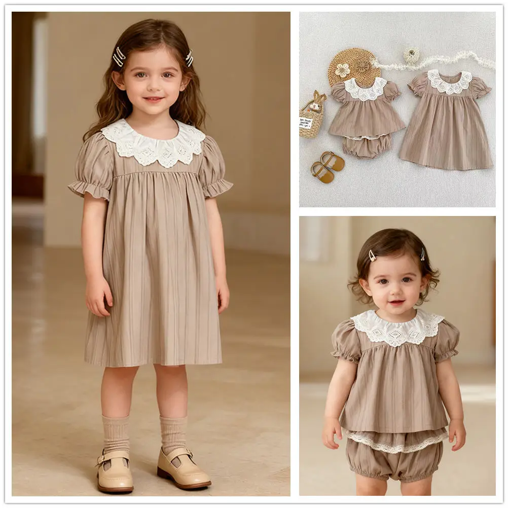 

2026 Summer Girls Lace Collar Dress Baby Princess Dress Infant Sister Matching Outfits Big Sister Little Sister Family Look