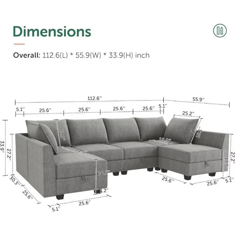 Sofá secional modular em forma de U com sofá conversível de armazenamento para sala de estar, cinza