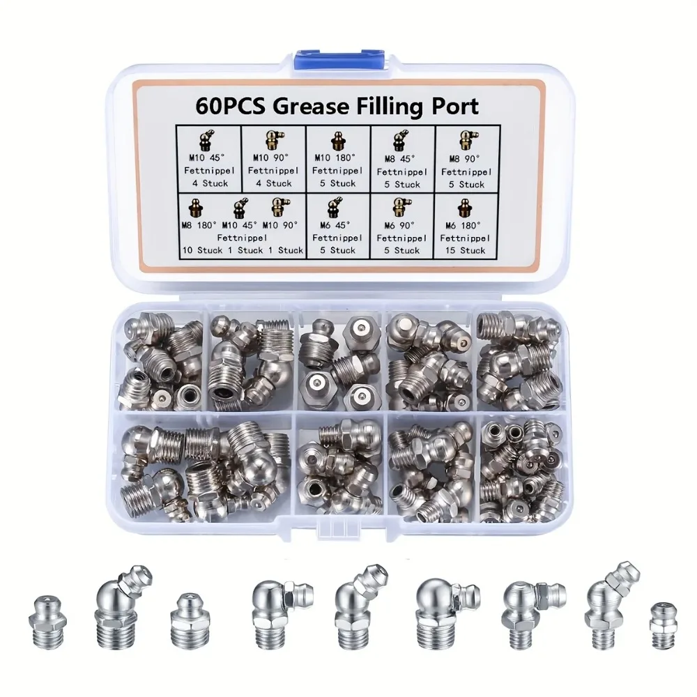 60Pcs Metric Grease Fitting Kit 9 Type Galvanized Metal Hydraulic Grease Zerk Assortment Set M6 M8 M10 Vehicle Nozzle Fuel image 3