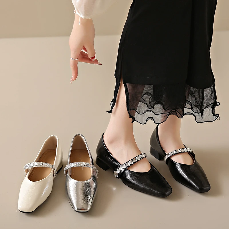 スクエアトゥローヒールクリスタル装飾ファッションレディースシューズ浅い口セクシーでエレガントなカジュアル女性パーティー快適なローヒール