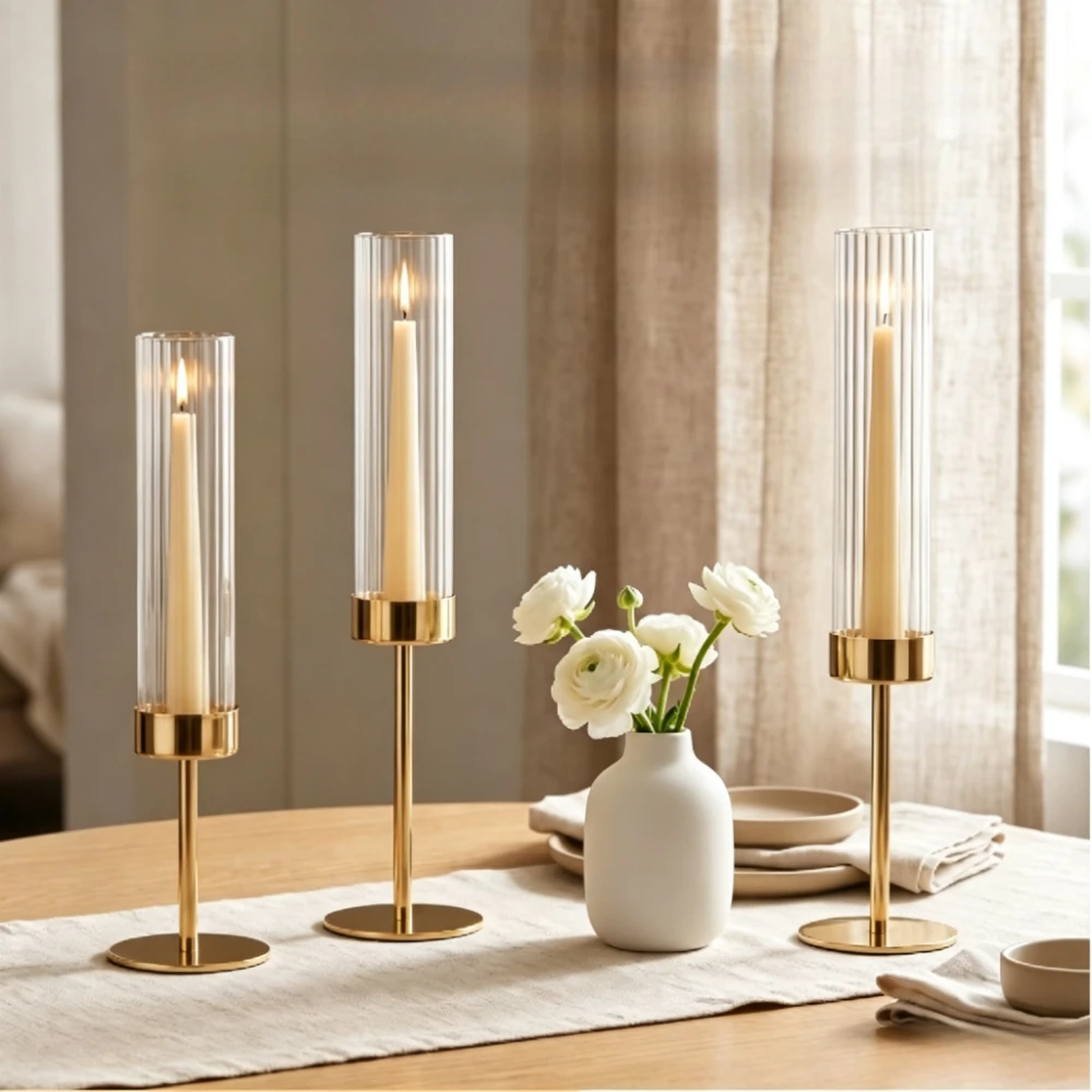 3Pcs Ribbed Glass Hurricane Candle Holders Taper Windproof Metal Tall Candlesticks Wedding Table Centerpieces Home Decor