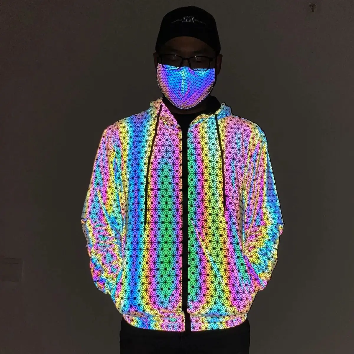 

Holographic Reflactive Jacket Men Hip Hop Spring Autumn Hooded Coat Breathable Night Colourful Reflect Lights Safety Streetwear