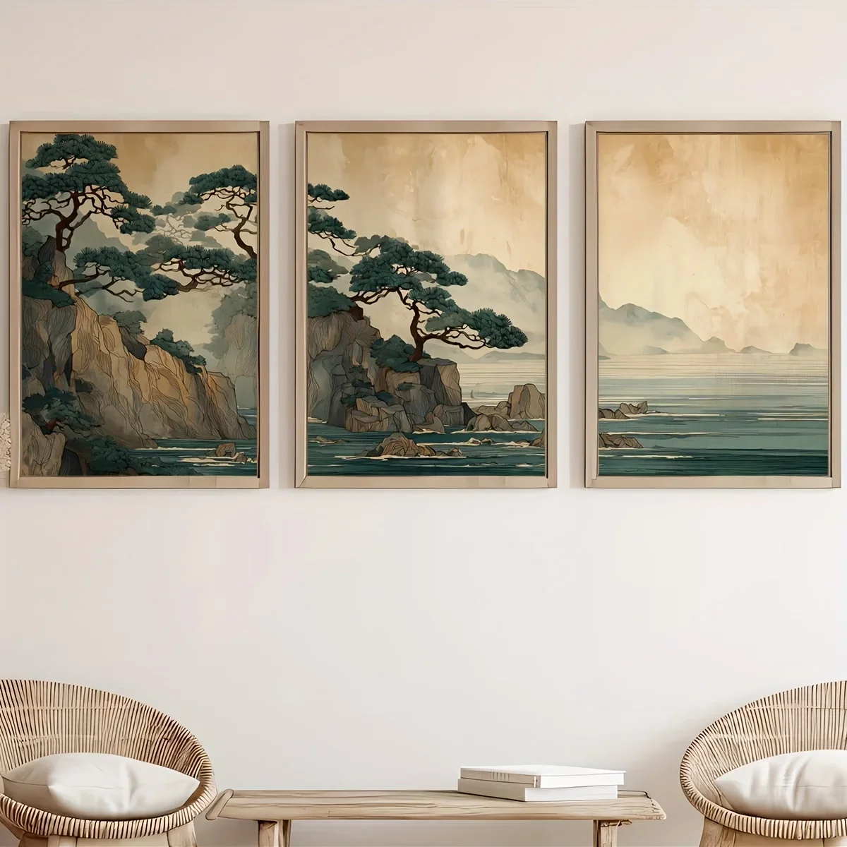 Large-sized 3pcs/set Japanese Cliff and Ocean Landscape Canvas Prints Poster Vintage Japandi Calm Zen Art Prints Bedroom Home De