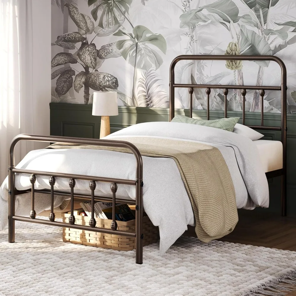 إطار سرير بمنصة معدنية على الطراز الفيكتوري مع لوح رأسي مرتفع، وحدة تخزين تحت السرير، لا حاجة إلى صندوق زنبركي، مقاس مزدوج برونزي
