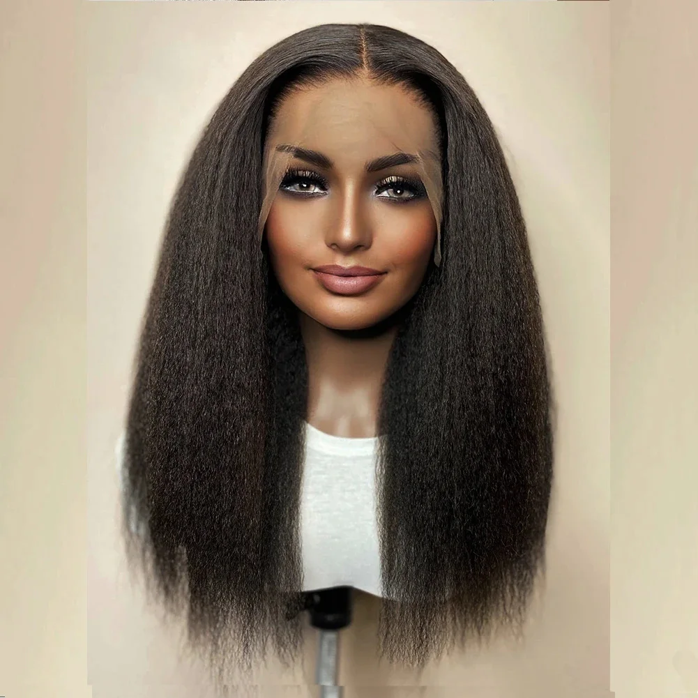 26Inch 180 Dichtheid Yaki Glueless Zacht Zwart Kinky Straight Kant Pruik Voor Vrouwen Babyhair Hittebestendig Pretokkelde Dagelijkse Pruik