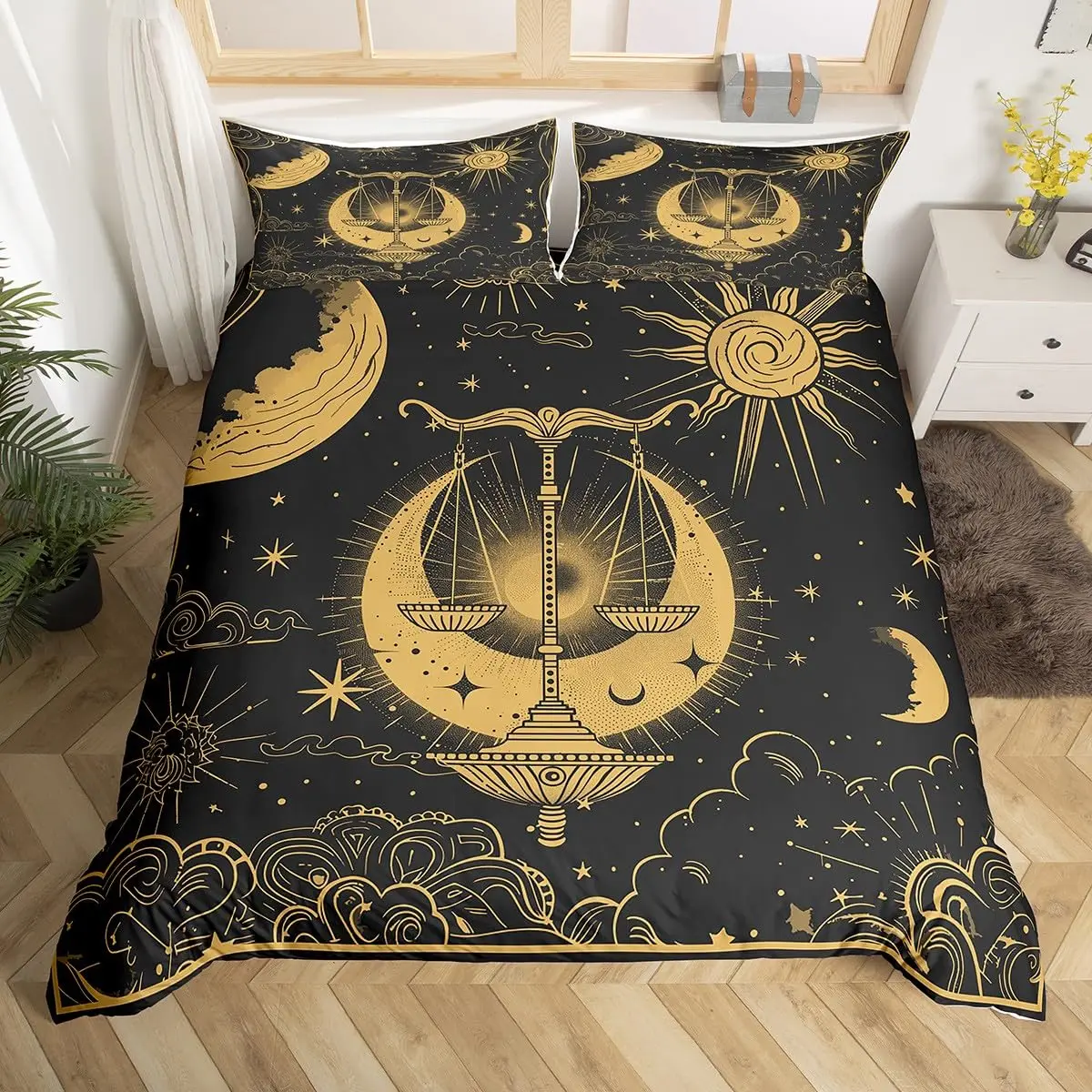 Libra Zodiac Duvet Cover Constellation Theme Bedding Set Twin,Western Boho Exotic Style 12 Horoscope Astrology Comforter Cover