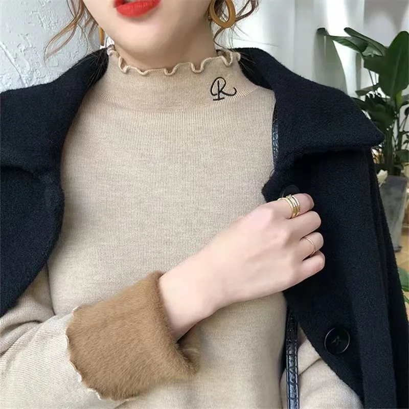 Black Fungus Edge Embroidered Letter Sweater Women's New Style, With Added Velvet Thickened Mink Fur For Autumn And Winter Base,