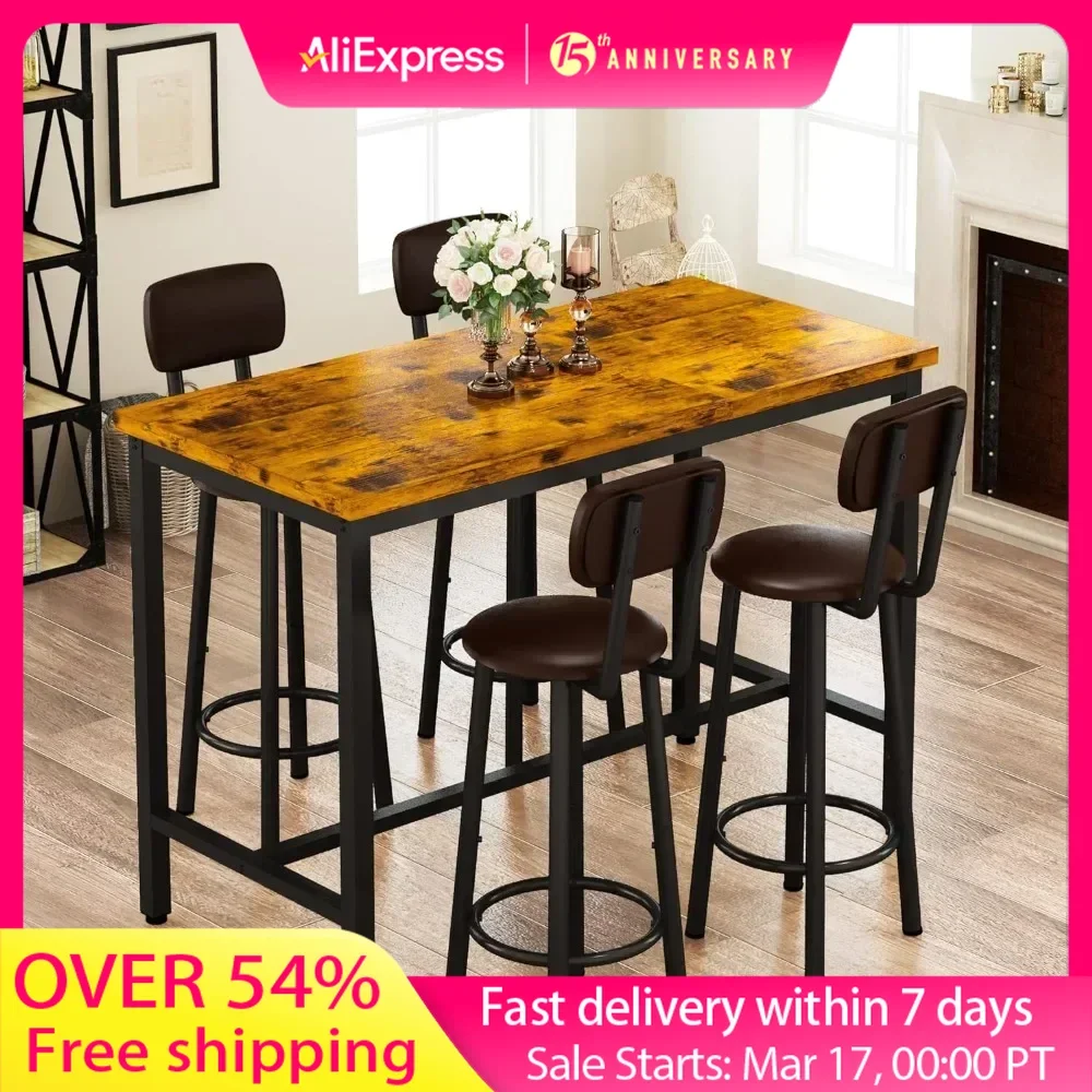 Bar table and set of 4 chairs, industrial counter height bar table with bar 5-piece set, PU upholstered stool with backrest