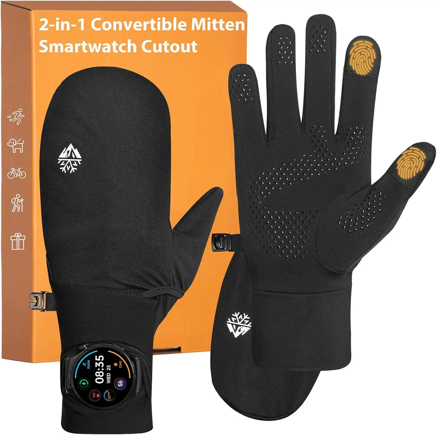 

Lightweight Running Gloves with Watch Window, Touchscreen Anti-Slip Convertible Flip Top Mittens for Men Women
