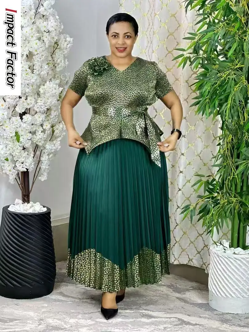 2025 Spring New Fashion Casual Suit Women's Bronzing Bud V-neck Top High Waist Long Skirt Two-piece Set