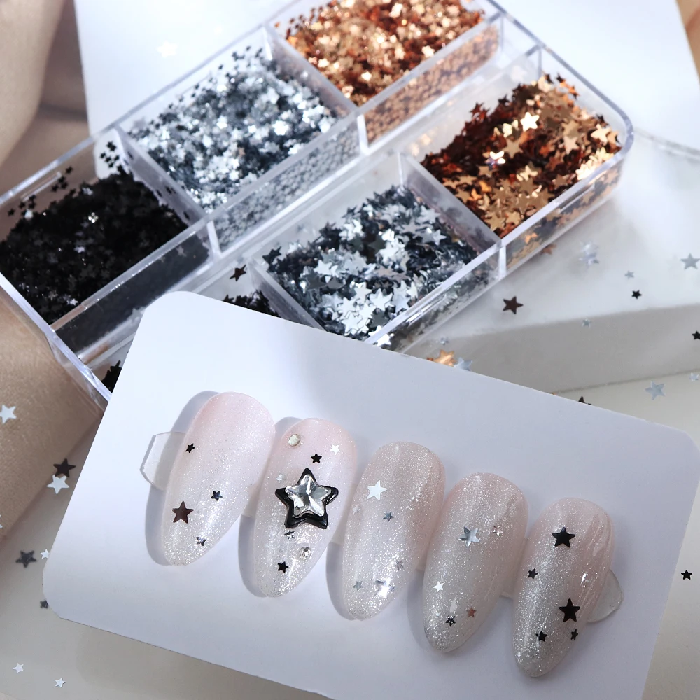 Estrelas prateadas douradas lantejoulas diy acessórios de manicure 1mm 3mm estrela de cinco pontas decorações de unhas flocos brilhantes suprimentos de joias para unhas