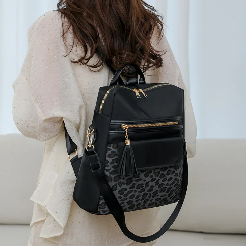 Women Leopard Print Splicing Backpack Anti theft MultiPocket Travel Rucksack Tassel Decor  Shoulder Cross Body School Bag