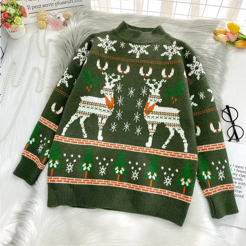 Donna Elk maglioni autunno inverno oversize natale maglione lavorato a maglia donna 2022 rosso verde sciolto top Femme Chandails Pull Hiver