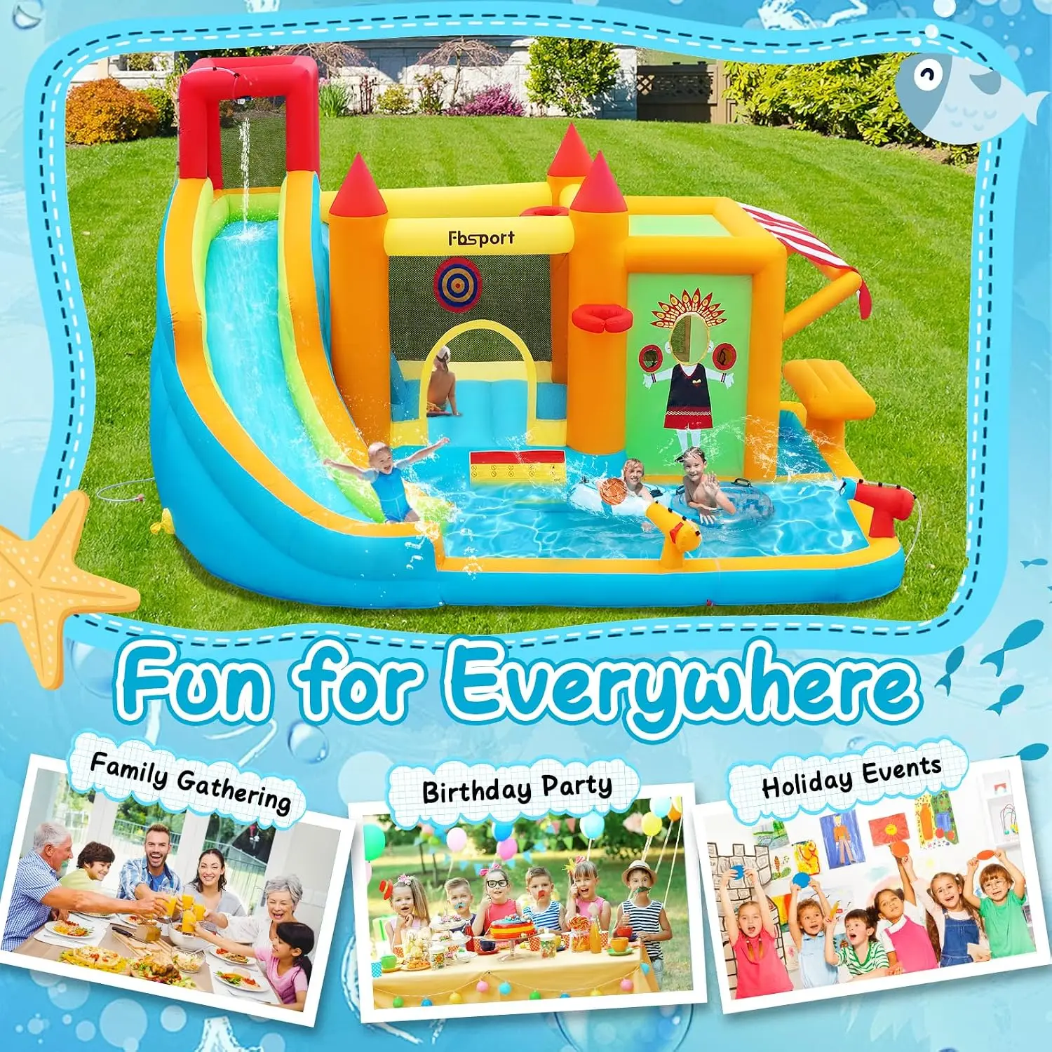 Inflatable Bounce House with Water Slide for Kids Includes Toy Market Stand Splash Pool Climbing Wall Water Gun Bouncer view 6