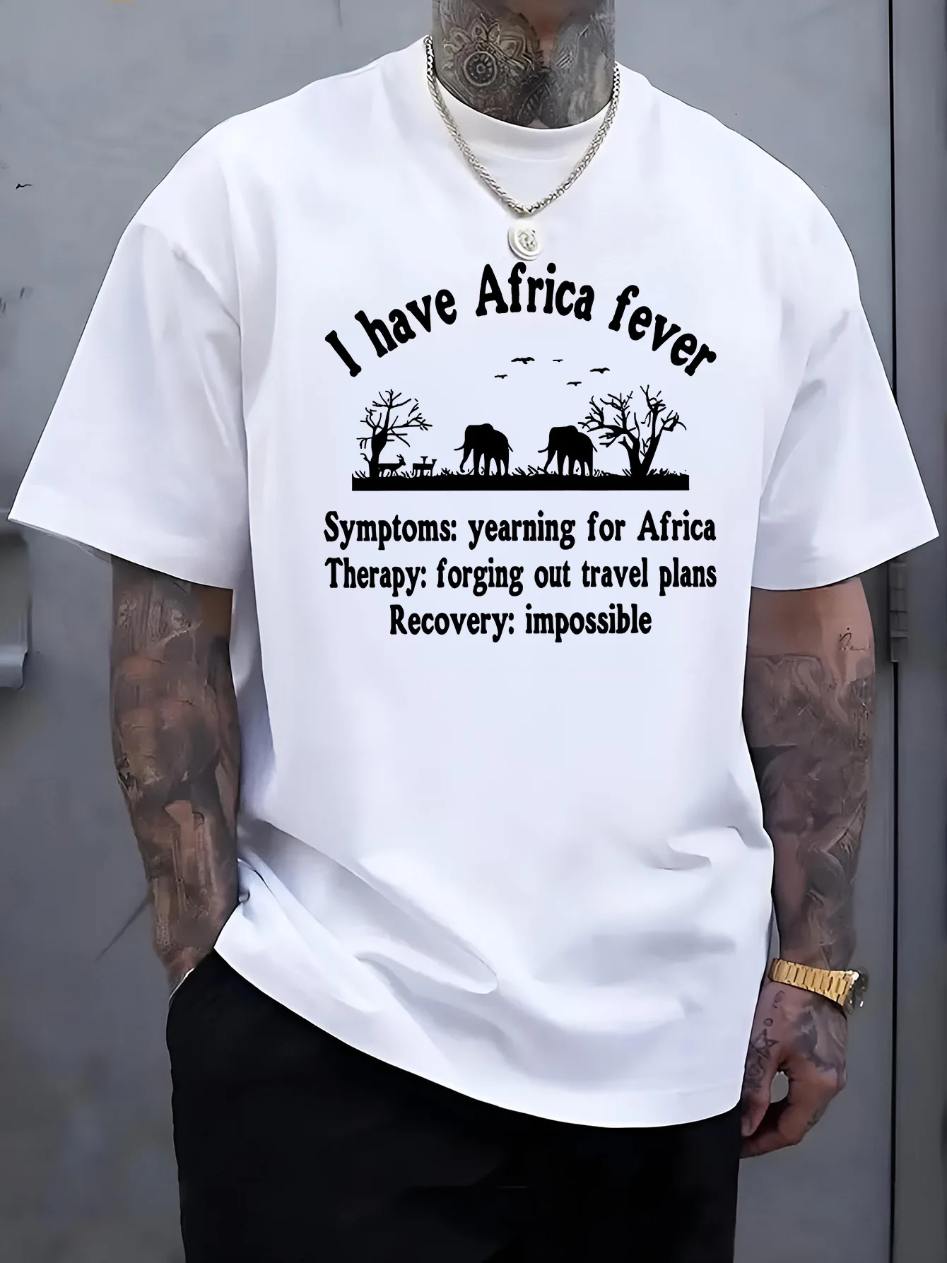 Men Black Crew Neck Tee I Have Africa Fever Elephant Savannah Silhouette Wildlife Travel Lover Funny Safari Quote Cotton Tops