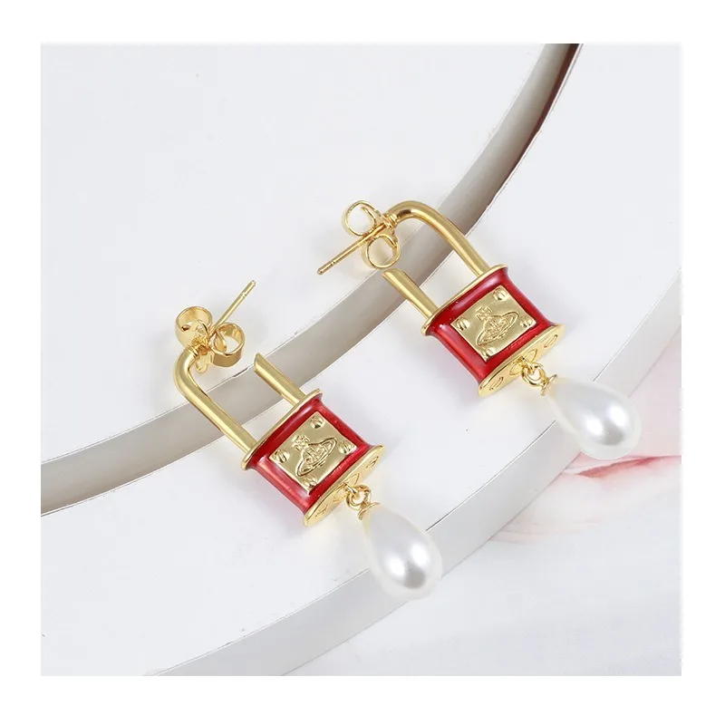 

Jewelry Hand-painted Glaze Three-dimensional Small Lock Shape Planet Pearl Personalized Trendy Earrings