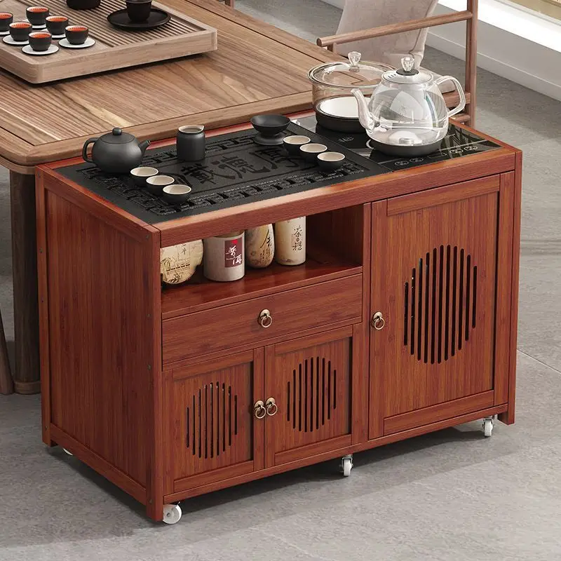 Portable bamboo coffee table with integrated storage cabinet and tea station, new Chinese-style living room furniture