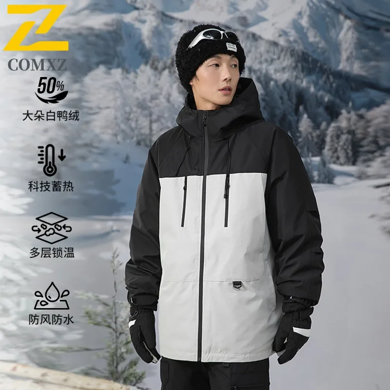 COMXZ Paar Lange Donsjack Nieuwe Klassieke Splicing Capuchon Verdikte Warme Parka Outdoor Camping Winddicht Windjack