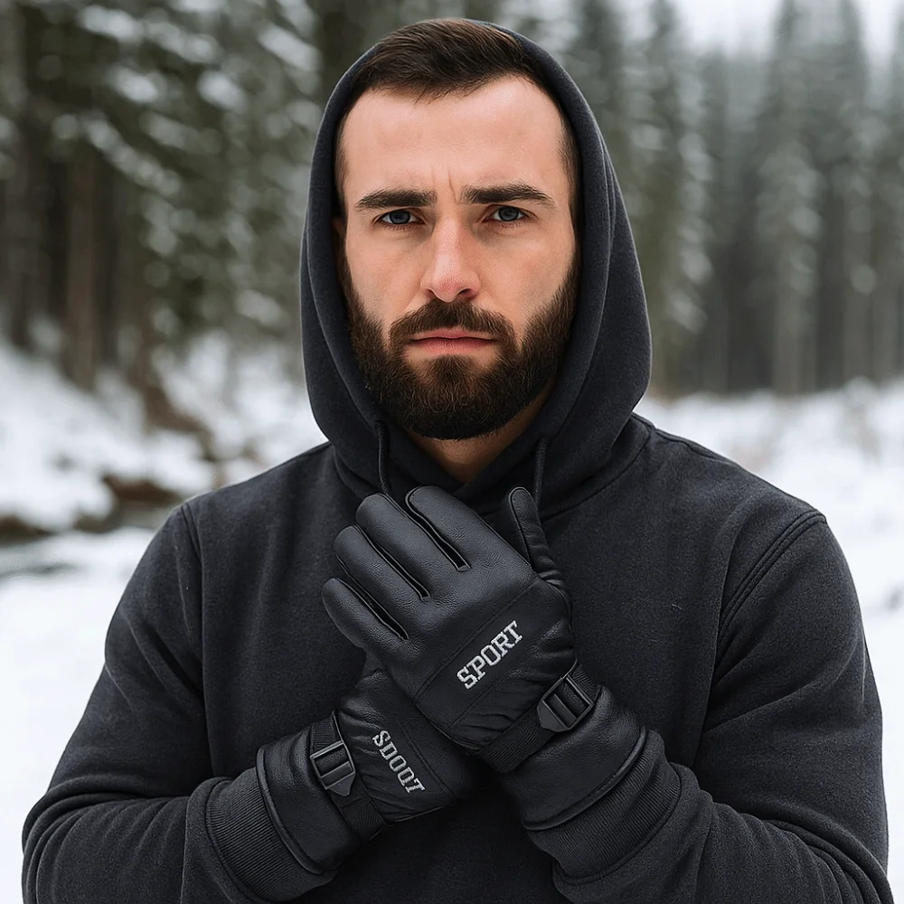Simple Black Winter Ski Gloves Multifunction Waterproof Men Leather Mittens Windproof Keep Warm Driving Gloves Autumn