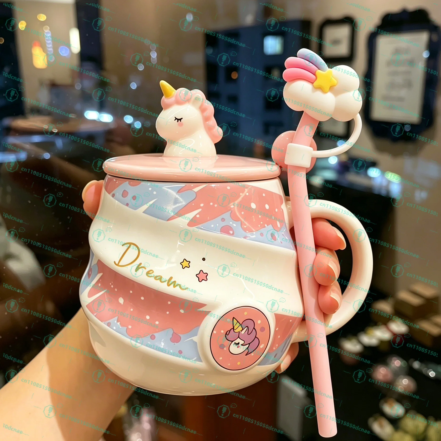Cute Rainbow Unicorn Ceramic Threaded Mug with Lid Spoon Girl Heart Drinking Cup Office Coffee Mug