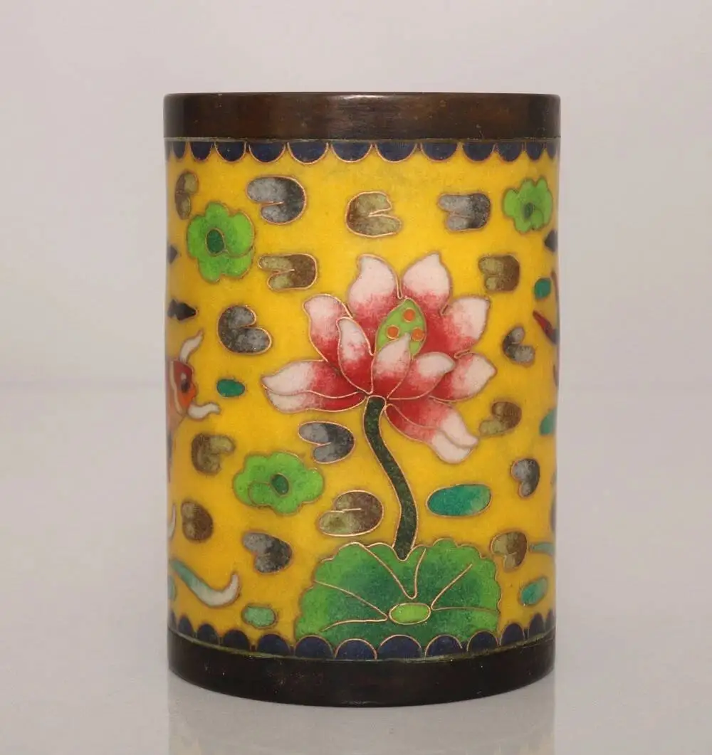 Collect Old Copper Cloisonne Color Painting Lotus Fish Pattern Small Brush Pot
