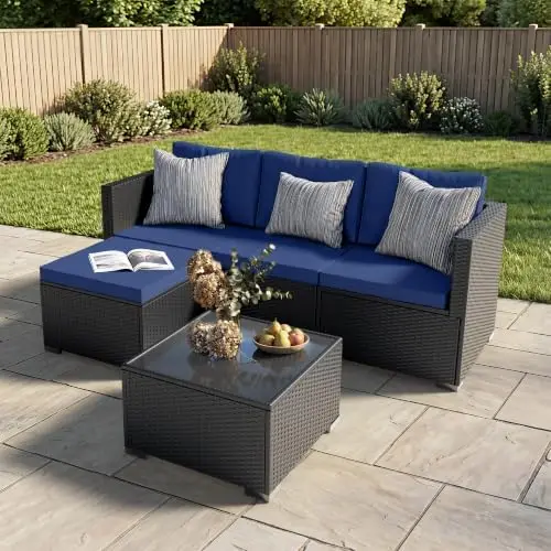 Patio Furniture Set - All-Weather -5 Piece Outdoor Patio Conversation Couch Sets, Modular Wicker Rattan Sectional Sofa