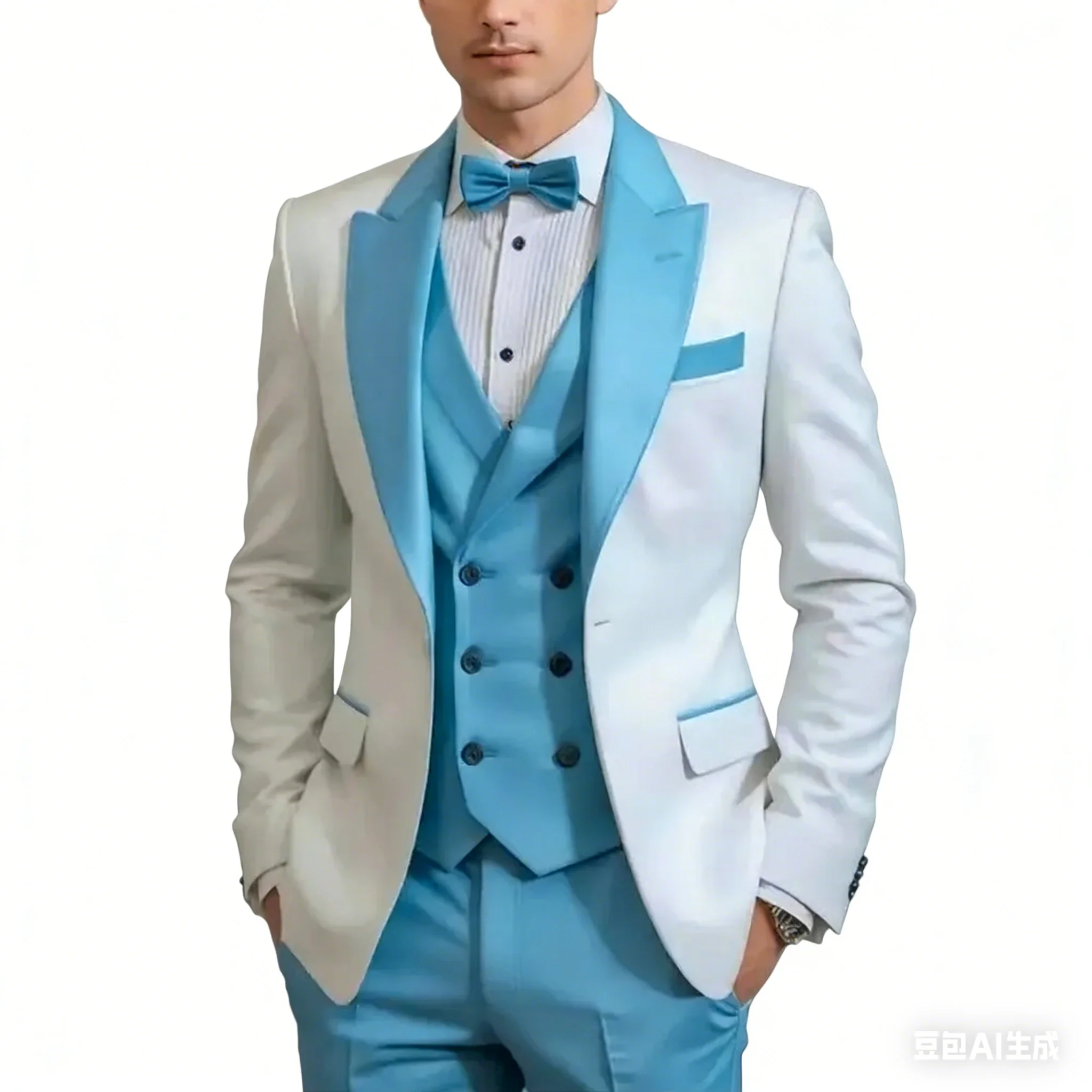 

White And Blue Formal Business Men Suit Groom Groomsman Wedding Party Prom Male Tuxedos 3 Piece Blazer+Vest +Pants
