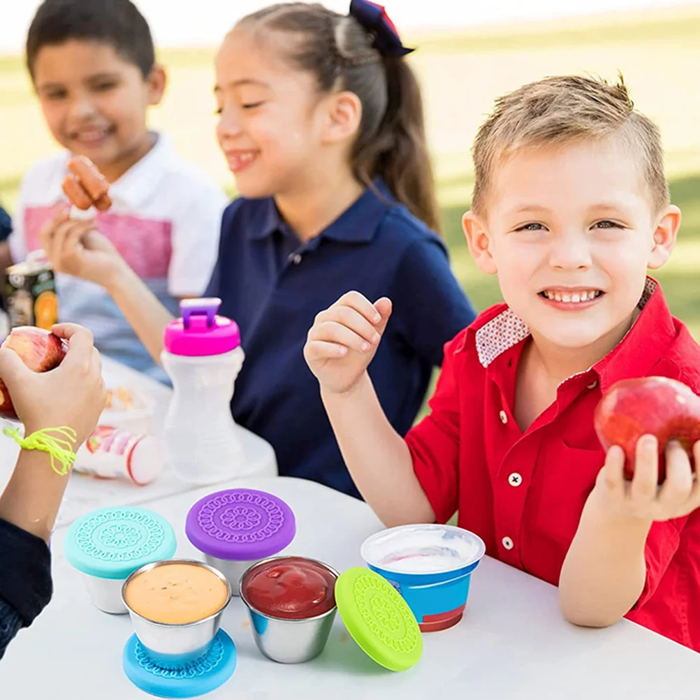 

6 Pcs Sauce Cup Silicone Lid for Dipping Bowls Spice Dish Lids Stainless Steel Sauce Bowls Covers Anti Leakage Flexible Kitchen