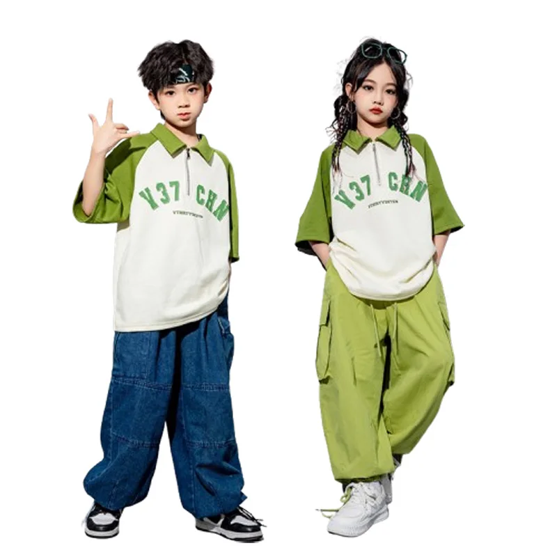 Hip Hop Mädchen Kleidung Kinder Jazz Street Dance Kostüm Grün Kragen T-shirt Denim Hosen Cargo Hosen für Jungen Performance Outfit