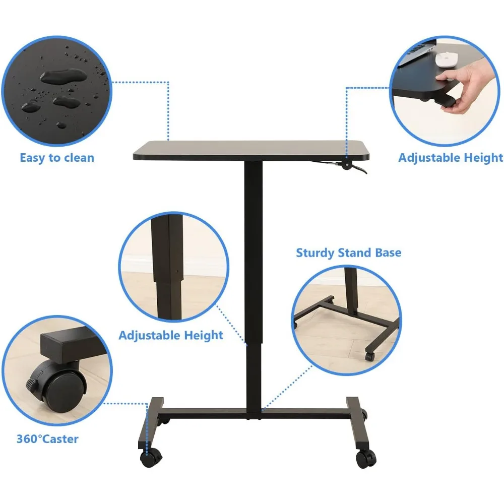 Height-Adjustable Laptop Desk with Pneumatic Sit-Stand Feature, 28x20, Lockable Wheels, and Gas Spring Riser