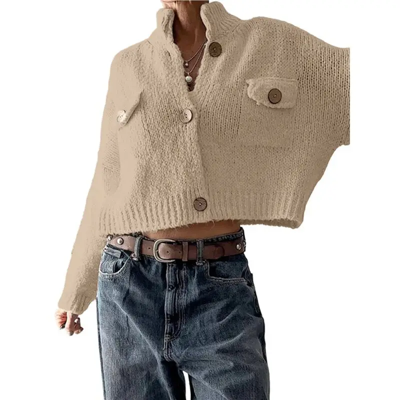 AB42-Womens Cropped Cardigan Sweaters Button Up Chunky Knit Long Sleeve Stand Collar Open Front Loose Jackets