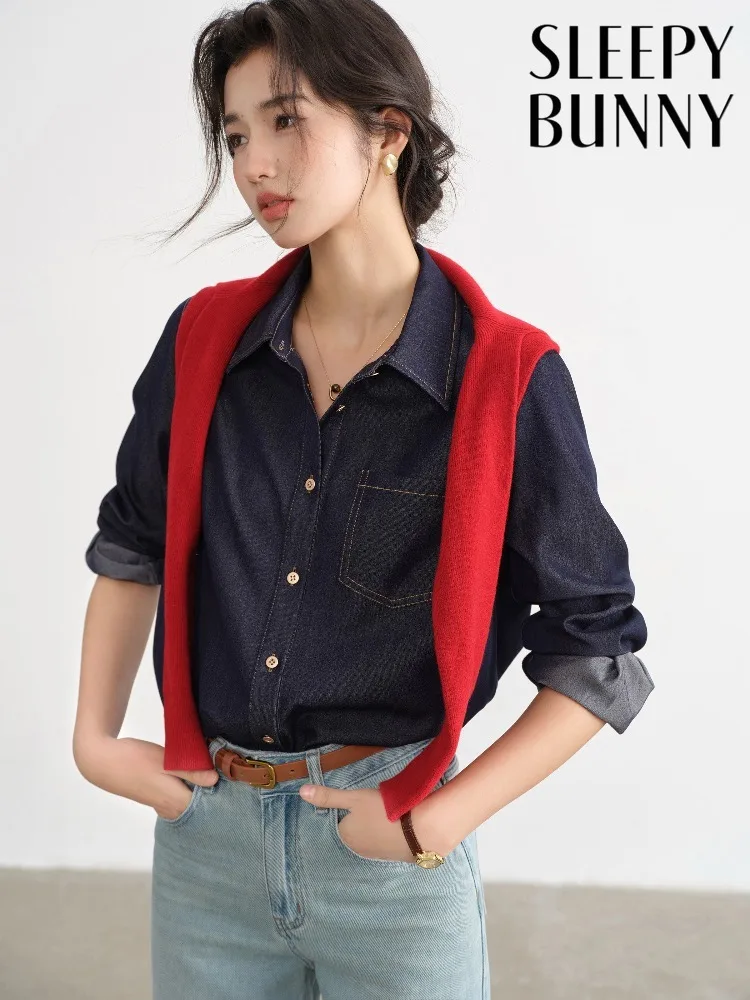 

Женская винтажная рубашка с эффектом денима, контрастной строчкой, в стиле ретро, многослойная, весенняя, повседневная, с прямыми плечами, блузка для женщин, на каждый день