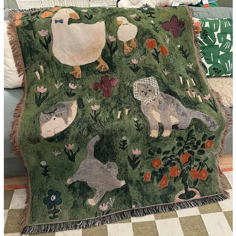

Vintage Oil Painting Cat Ducks Wool Blanket Garden Woven Blanket Boho Cottagecore Tapestry Throw with Tassels Cozy Home Decor