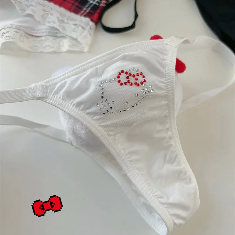 산리오 헬로 키티 섹시한 끈 팬티, 여성용 브리프, 반짝이는 라인스톤 티팬티, 로우 웨이스트, 심리스 란제리, 속옷