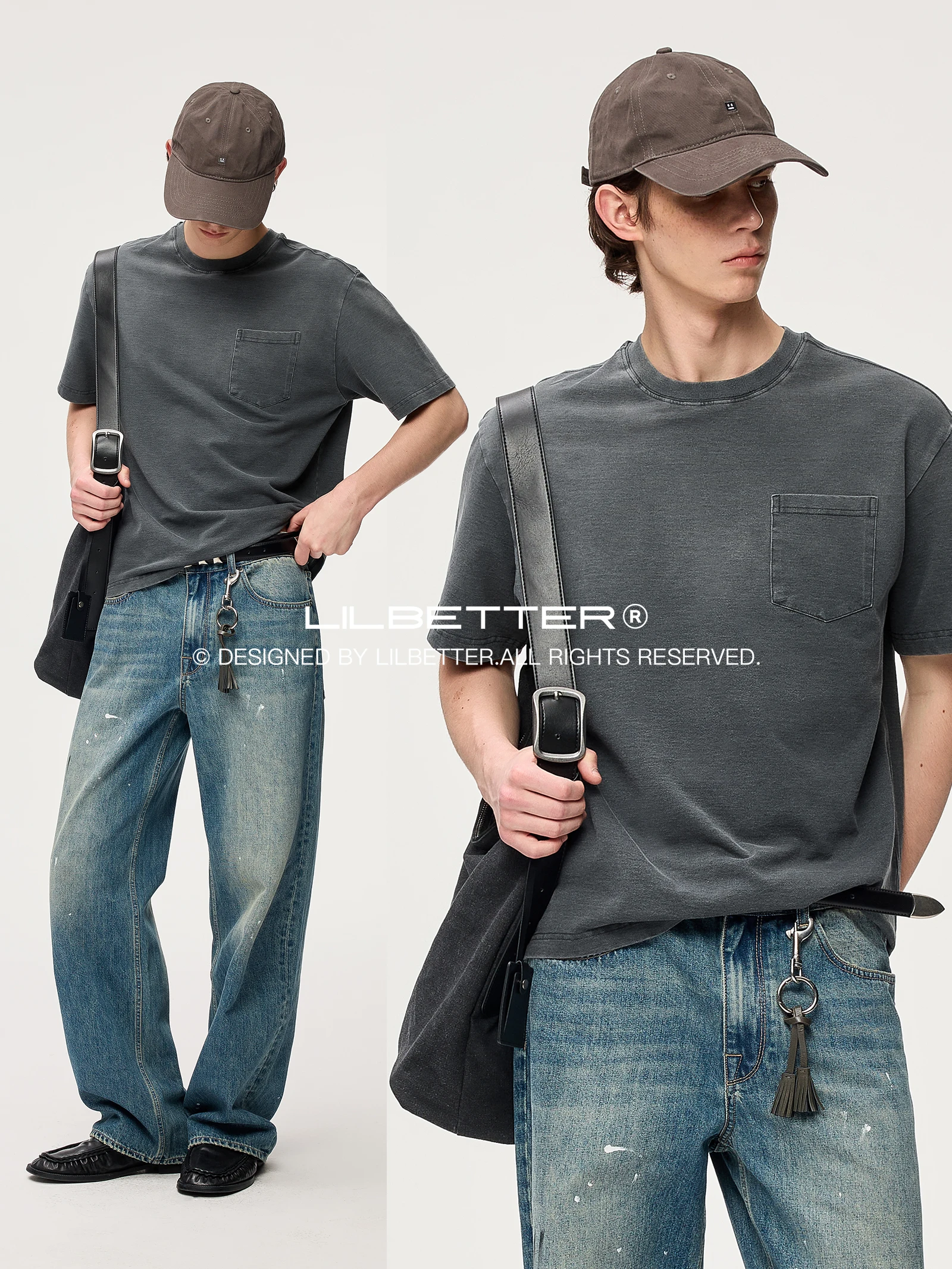 Lilbetter Washed Denim Knitted round Neck T-Shirt Summer Vintage Style Short Sleeve Pocket Detail Casual Fashion for Men