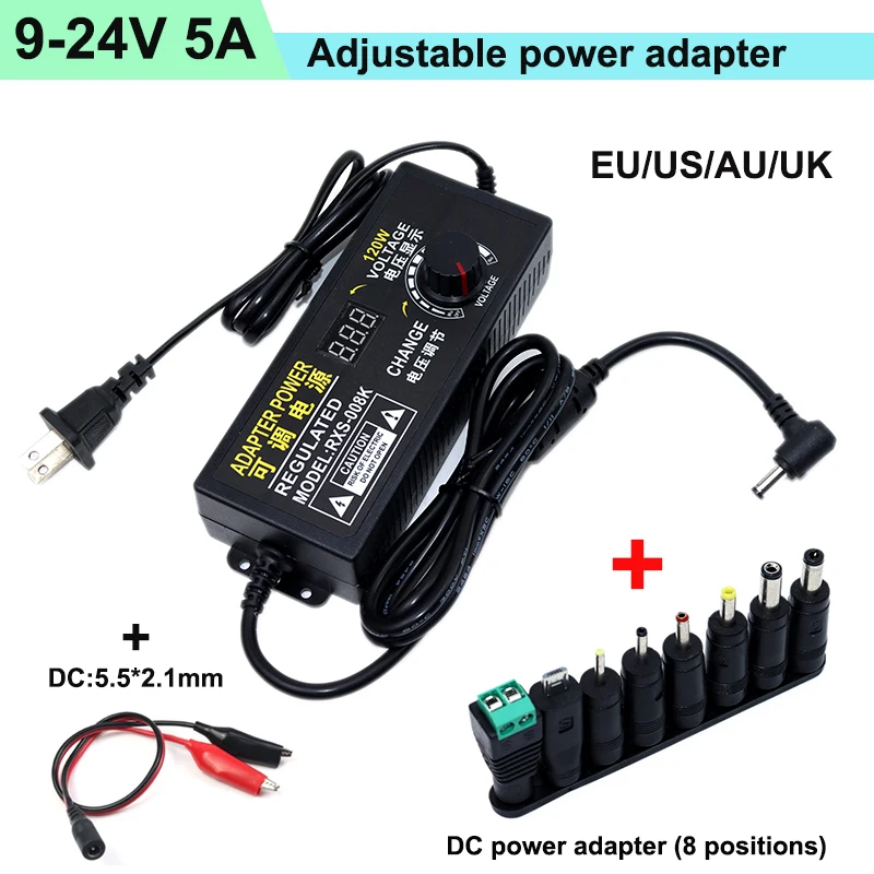 9-24V 5A Adjustable AC To DC Power Supply 9V 12V 15V 18V 24V 5A  Power Supply Adapter Universal 220V To12 V Volt Adapter With LE